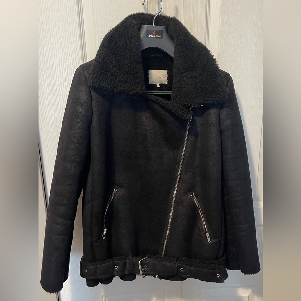 OAK+FORT oversized Black faux shearling moto jacket